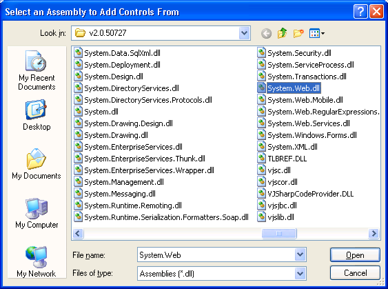 Select an assembly to Add Controls From dialog