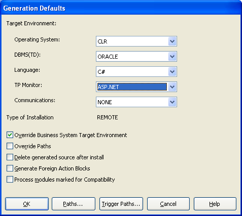 Generation Defaults dialog