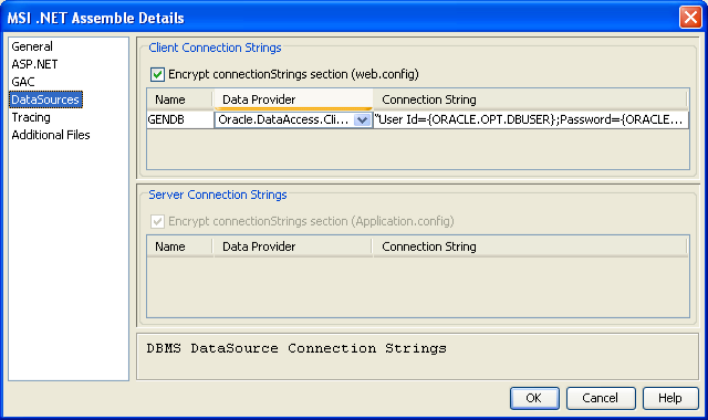 MSI.NET Assemble Details dialog with DataSources selected