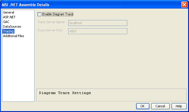 MSI .NET Assemble Details panel with Tracing selected