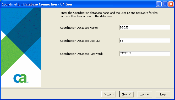 Coordination Database Connection Screen