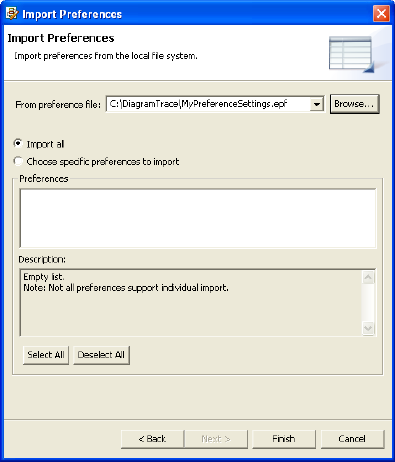 Import Preferences dialog