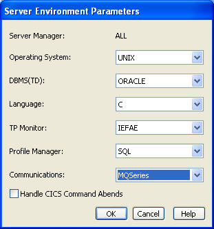 Server Environment Parameters dialog