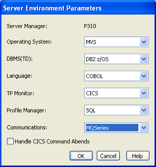 Server Environment Parameters dialog with a specific server manager