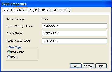 Server Manager Properties dialog with MQSeries selected