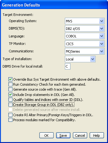 Generation Defaults dialog