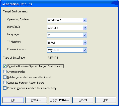 Generation Defaults Dialog to override the settings