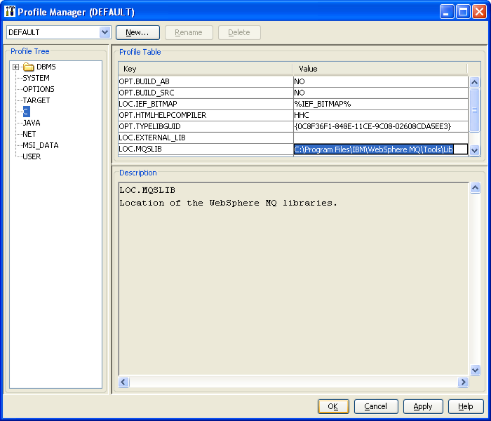 Profile Manager dialog with C subtree selected