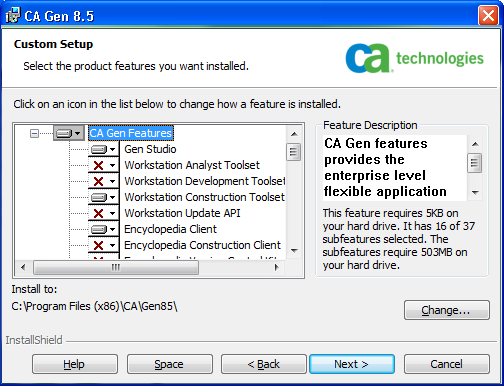 Custom Setup dialog