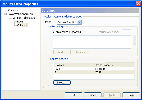 Columns List Box Video Properties
