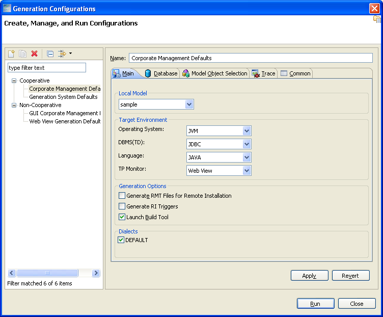 Generation Configuration Main Tab