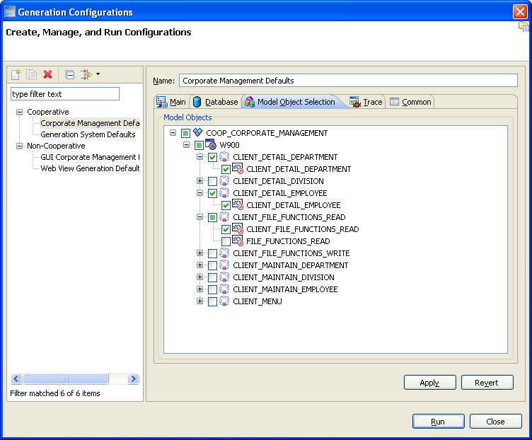 Generation Configuration Model Obj Selection Tab