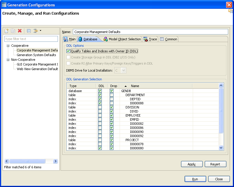 Generations Configuration_Database Tab