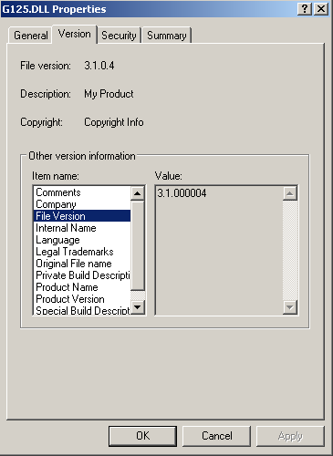 Illustration displaying the Version tab of the Properties dialog for the file G125.DLL