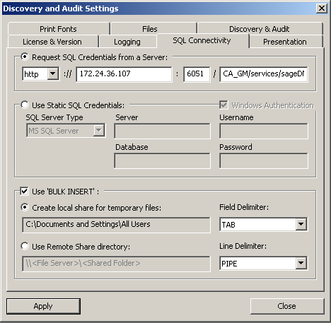 SQL Connectivity Tab