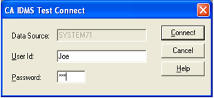 Enter the user id and password in the Test Connect screen to sign on to the IDMS CV.