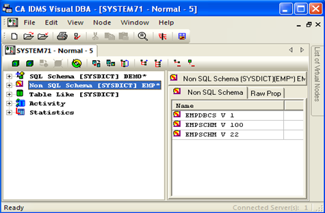 The Visual DBA tree with selection of Non-SQL Schema [SYSDI CT] EMP*.