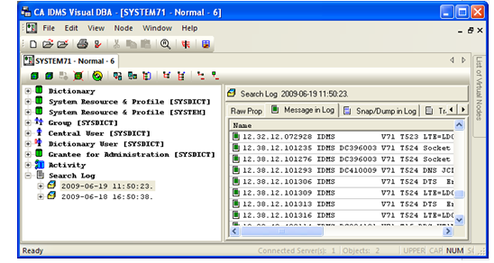The Visual DBA Tree and DIP after connecting and creating Search Log instances.