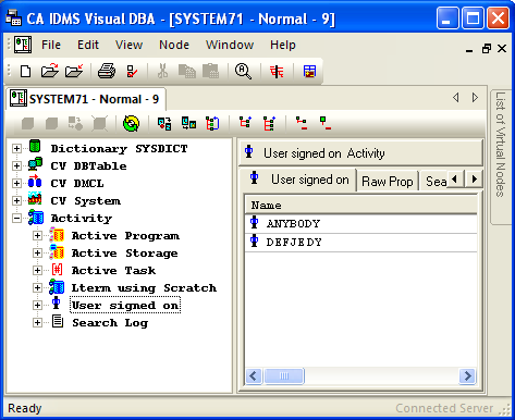 Visual DBA DOM tree and DIP after successful connection of User ANYBODY and exapansion of User signed on