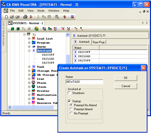 Autotask system object with a pop-up menu which offers the option of creating a new system autotask.