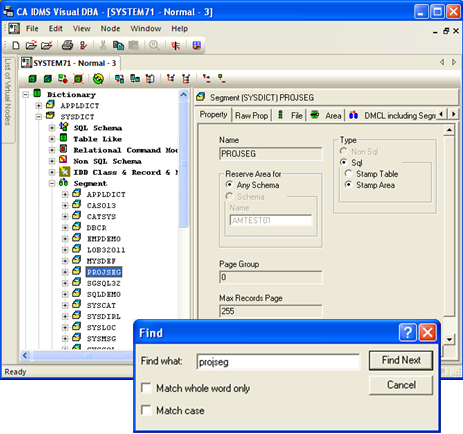 Finds object or object category and displays in the Detail Information pane.