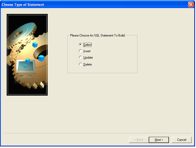 The Choose Type of Statement dialog enables you to pick the type of SQL command statement that you want to execute