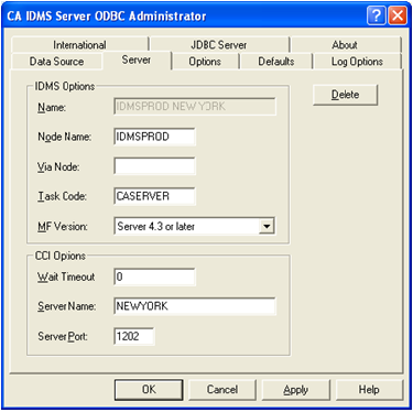 Server tab where you can enter the communication parameters of the server.