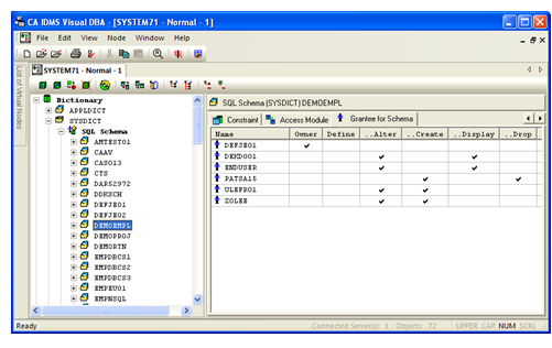 The grantee information is displayed for the Table in selected Schema. The table includes a column for each privilege type and a row for each User ID.