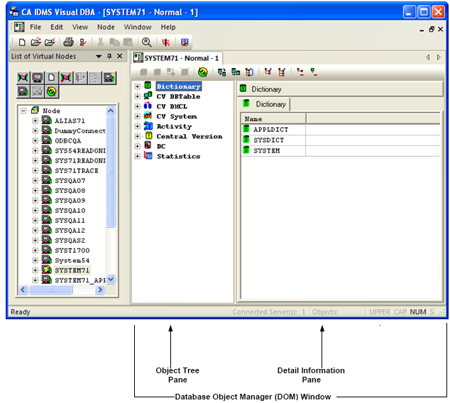 Database Object Manager (DOM) window appears after it is connected to a CA IDMS database.