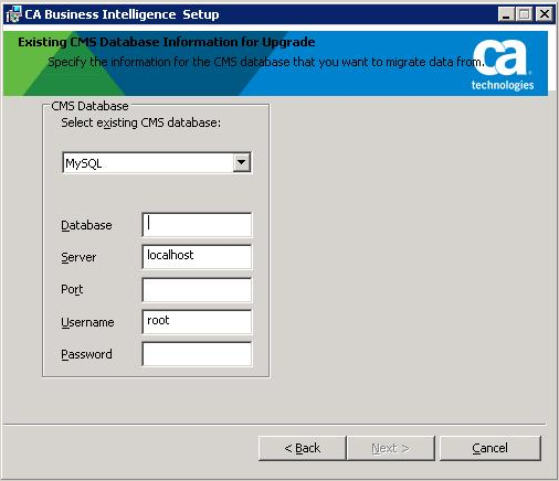 This graphic shows the Existing CMS Database Information for Upgrade page.