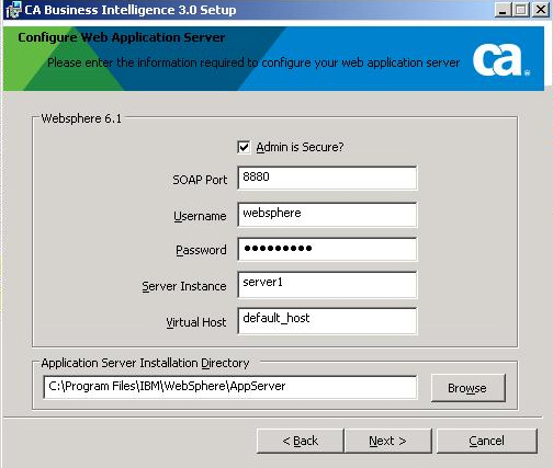 CA BI Configure Web Application Server screen