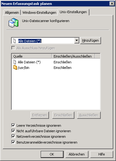 Dialogfeld "Neuen Erfassungstask planen" (Registerkarte "Unix-Einstellungen"), das Optionen zur Konfiguration des UNIX-Dateiscanners bietet