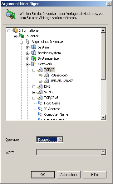 Dialogfeld "Argument hinzufügen", das Informationen zu TCP/IP anzeigt