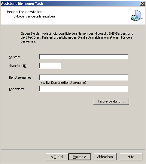 Assistentenseite "Neuen Task erstellen" mit den SMS-Server-Details