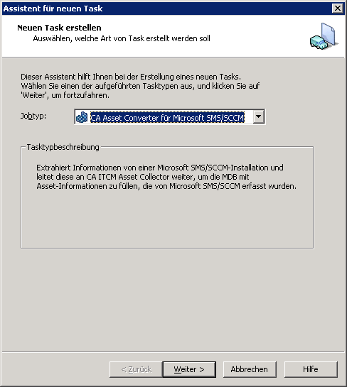 Die Assistentenseite "Neuen Task erstellen", die den Typ des auszuwählenden Tasks angibt