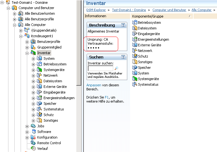 Screenshot, der den Ursprung und die Vertrauensstufe des Hardware-Inventars anzeigt