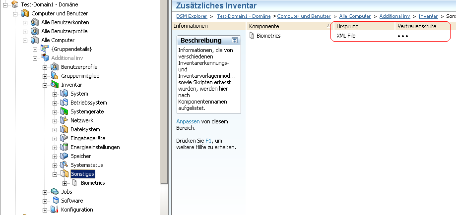 Screenshot, der den Ursprung und die Vertrauensstufe eines zusätzlichen Inventars anzeigt