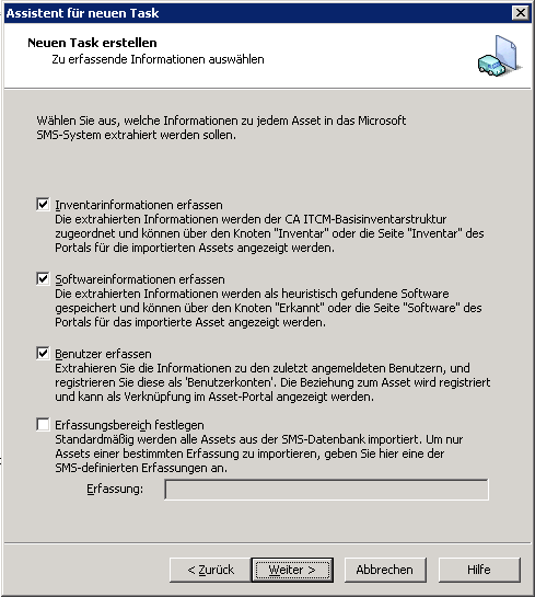 Assistentenseite "Neuen Task erstellen" mit den Informationstypen, die über jedes Asset aus dem Microsoft SMS-System entnommen werden können