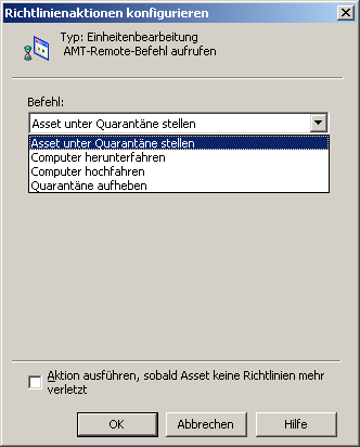Dialogfeld "Richtlinienaktionen konfigurieren" mit den Intel AMT-Remote-Befehlen