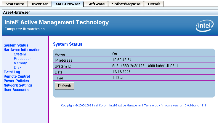 Registerkarte "AMT-Browser" mit den Informationen zum Intel AMT-Asset