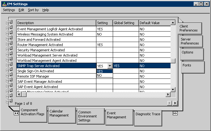 Registerkarte "Komponentenaktivierungs-Flags", die die Aktivierung des SNMP-Trap-Servers angibt