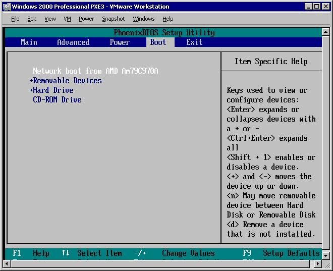 Screenshot showing network boot as the first boot device in the BIOS Setup Utility