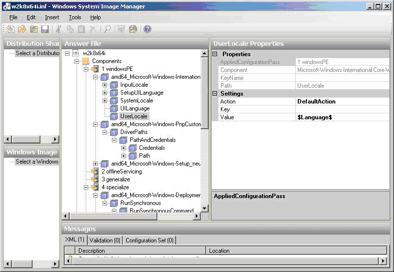 Screenshot showing the OSIM auto answer file for Win2008x64 with the OSIM OS install parameters