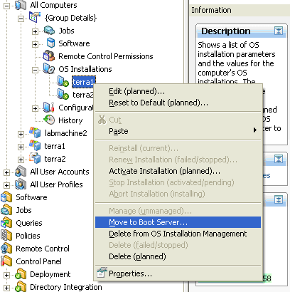 Screenshot showing the Move to Boot Server context menu option