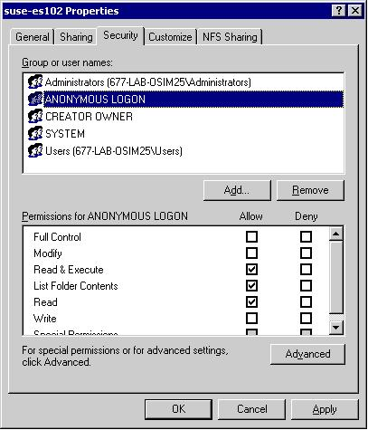 Screenshot showing the Security tab of the NFS share Properties dialog with the required permissions selected