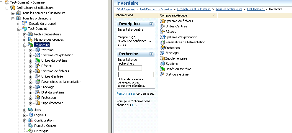 Capture d'écran indiquant l'origine et le niveau de confiance de l'inventaire du matériel