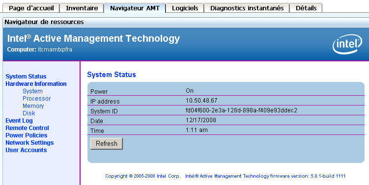 Onglet navigateur AMT affichant les informations sur l'actif Intel AMT