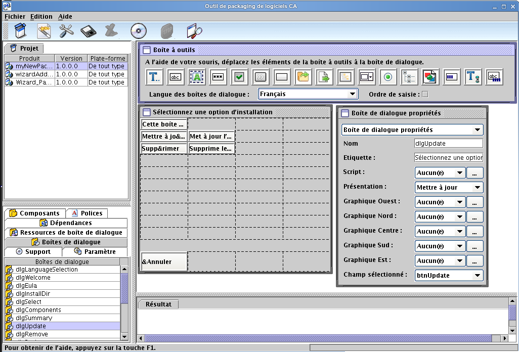Capture d'écran montrant l'éditeur de boîtes de dialogue d'installation