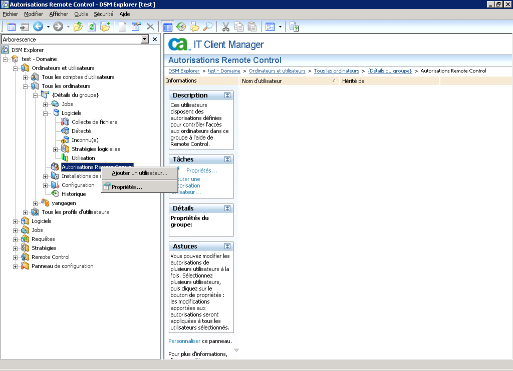 Noeud Autorisations Remote Control avec menu contextuel