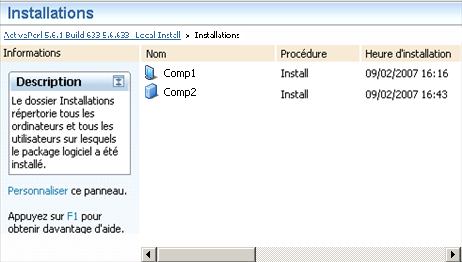 Capture d'écran montrant les installations d'un élément désigné